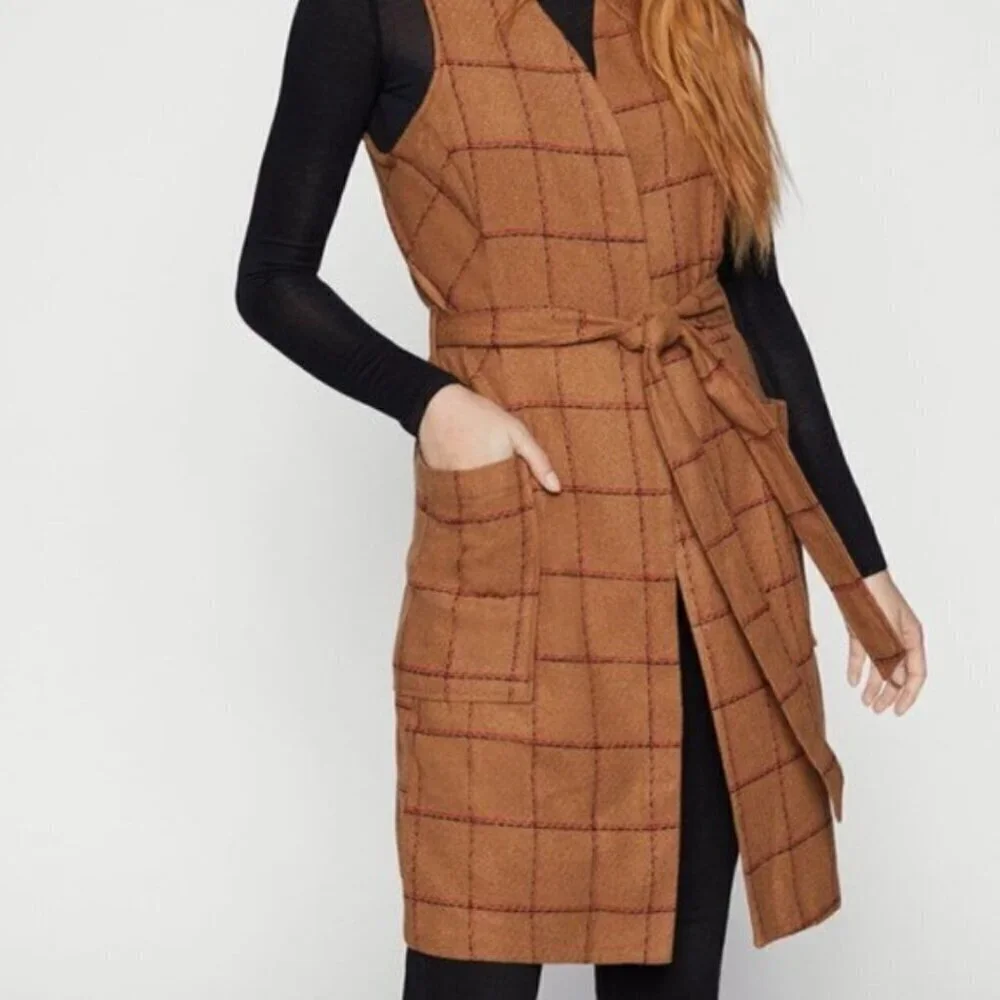 BCBGeneration Carmel Plaid Long Faux-Wool Tie Vest Shacket Women’s Size Small - Picture 9 of 10